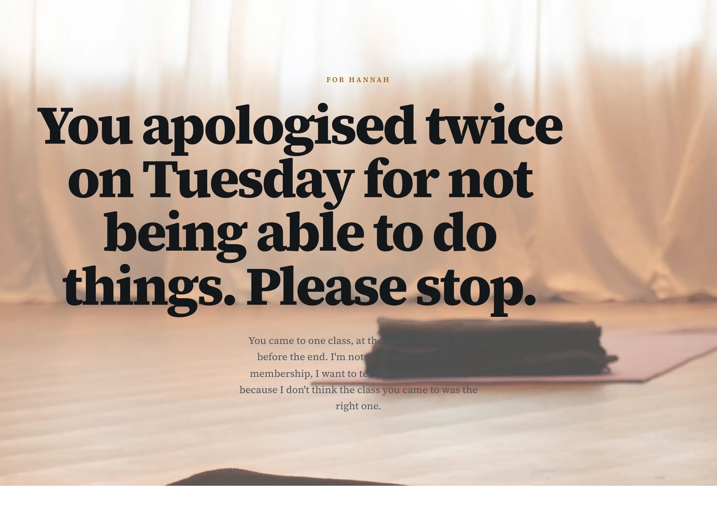 A light outreach page with serif headlines for a yoga teacher, over a bright studio photo