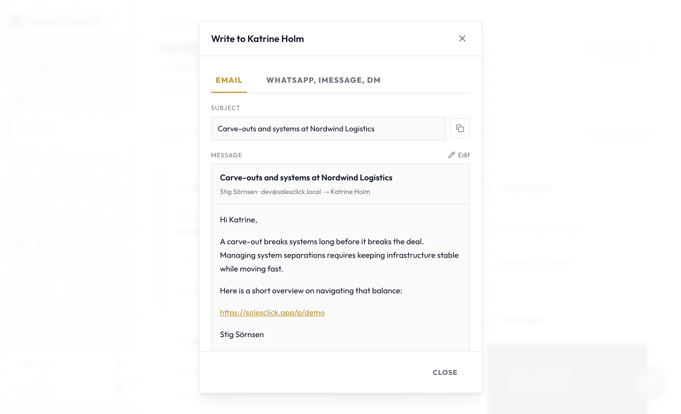 The message composer Salesclick opens once a page is ready: a short drafted email to the prospect with the page link, ready to copy into Gmail or Outlook