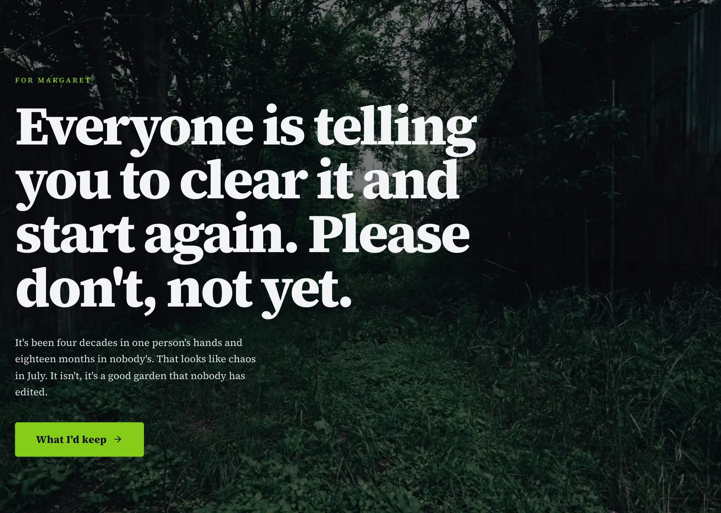 A Salesclick outreach page for Margaret: a dark garden photo, serif headline reading Everyone is telling you to clear it and start again, please don't, not yet