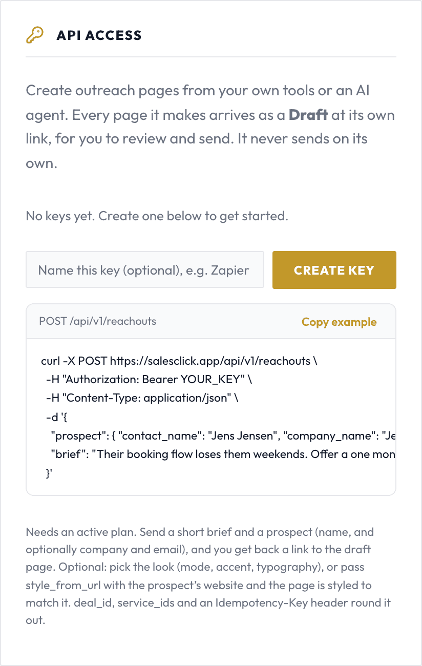 The API access card in Salesclick settings: a named key with a revoke button, create key, the endpoint POST /api/v1/reachouts, and a working curl example