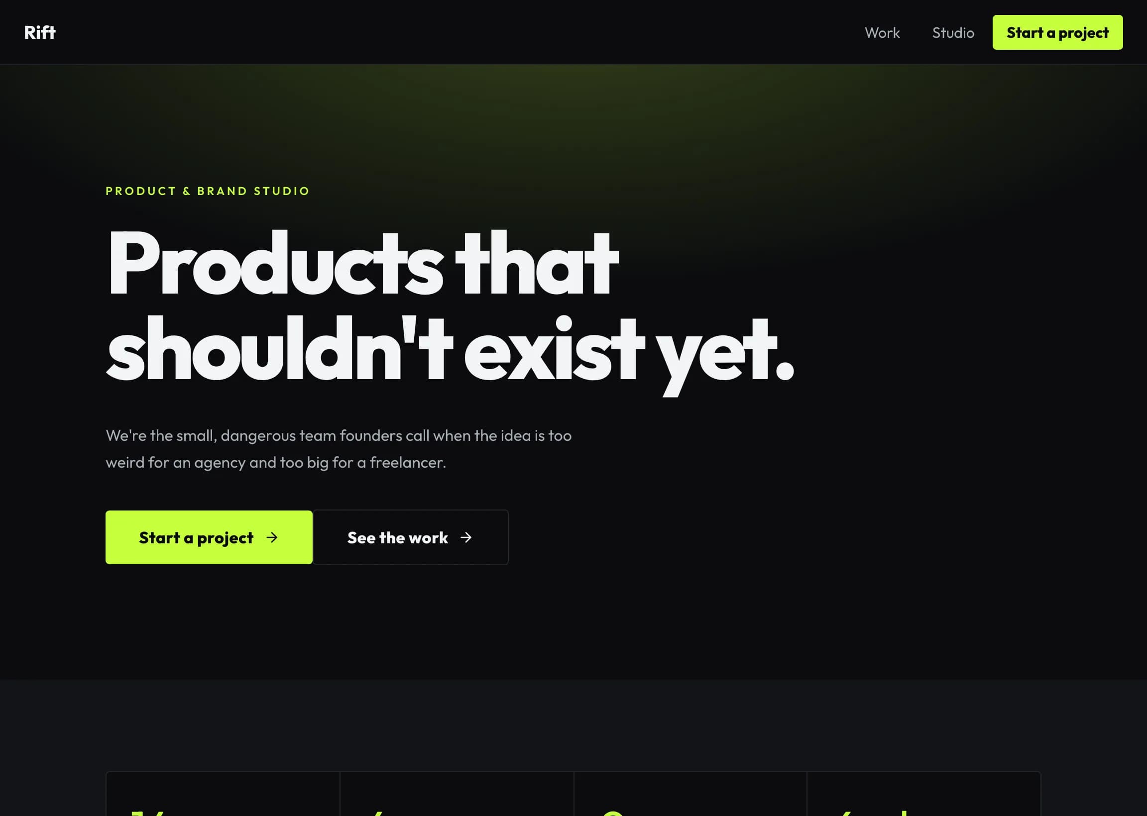 A dark studio website built in Salesclick: big display headline reading Products that shouldn't exist yet, a lime accent, its own nav and pages